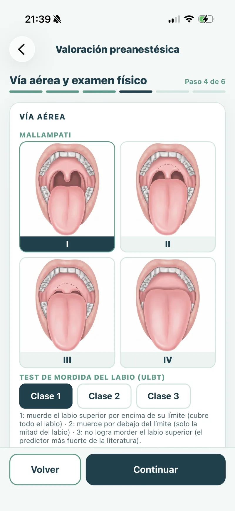 Pantalla de la app: tabla visual de Mallampati clases I a IV y prueba de mordida del labio (ULBT)