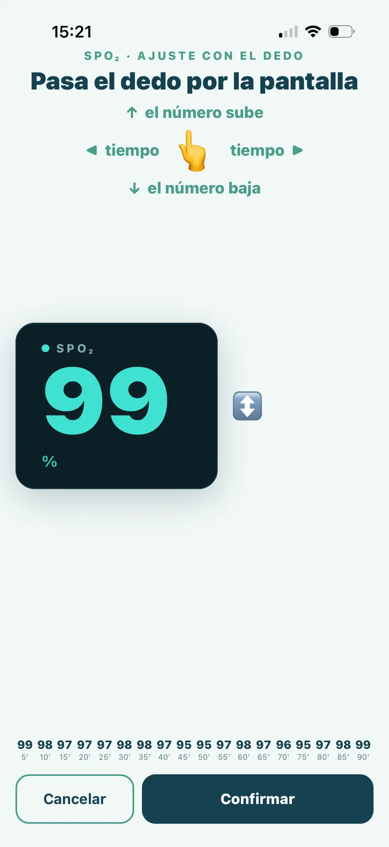 Pantalla de la app: ajuste de SpO2 con el dedo, el número sube y baja mientras el tiempo avanza