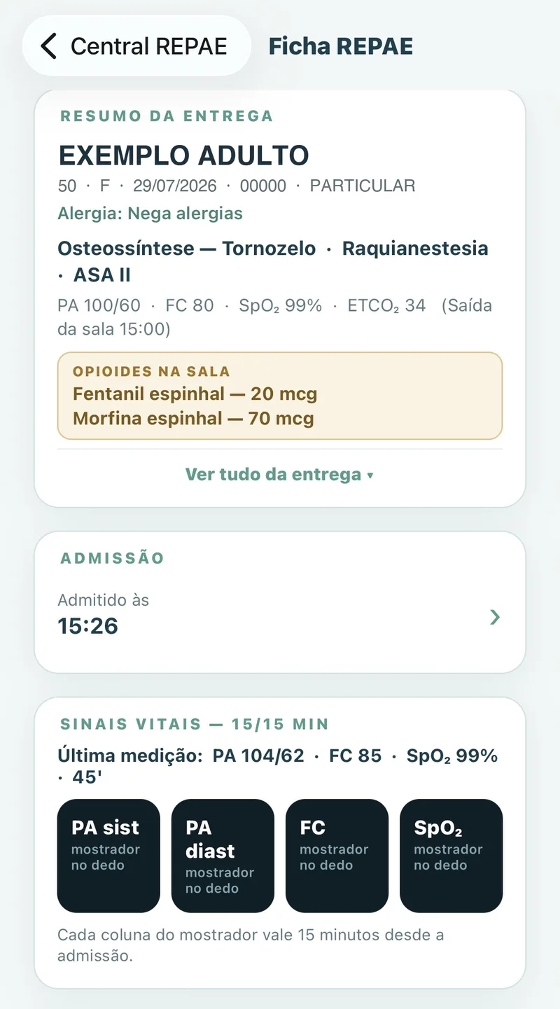 Tela do app: resumo da entrega na REPAE com dados do paciente, opioides na sala e admissão