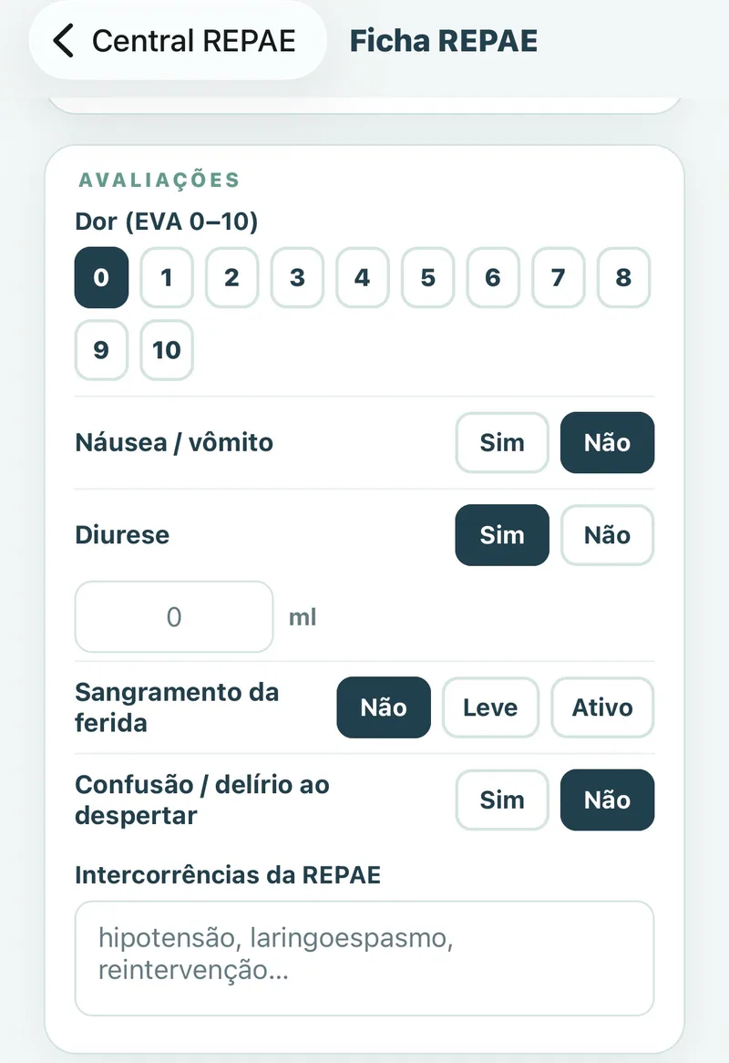 Tela do app: avaliações da REPAE — dor, náusea, diurese, sangramento e delírio