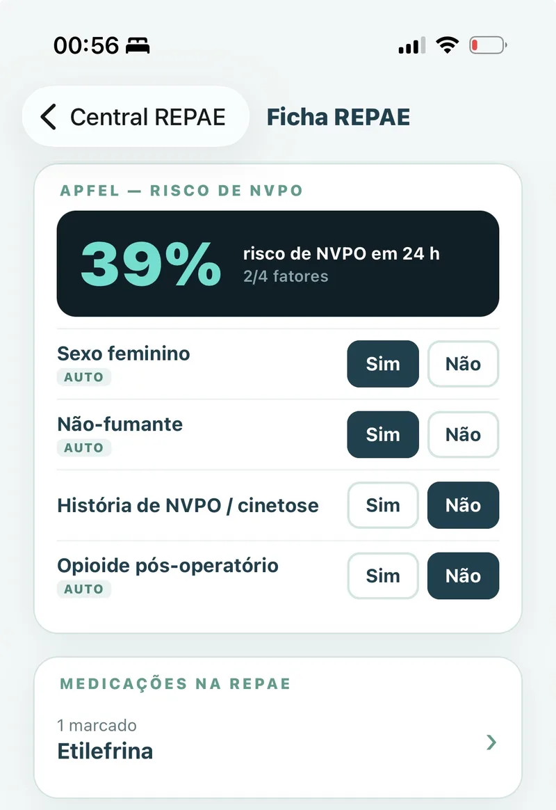 Tela do app: escore de Apfel com 39% de risco de náusea e vômito em 24 horas