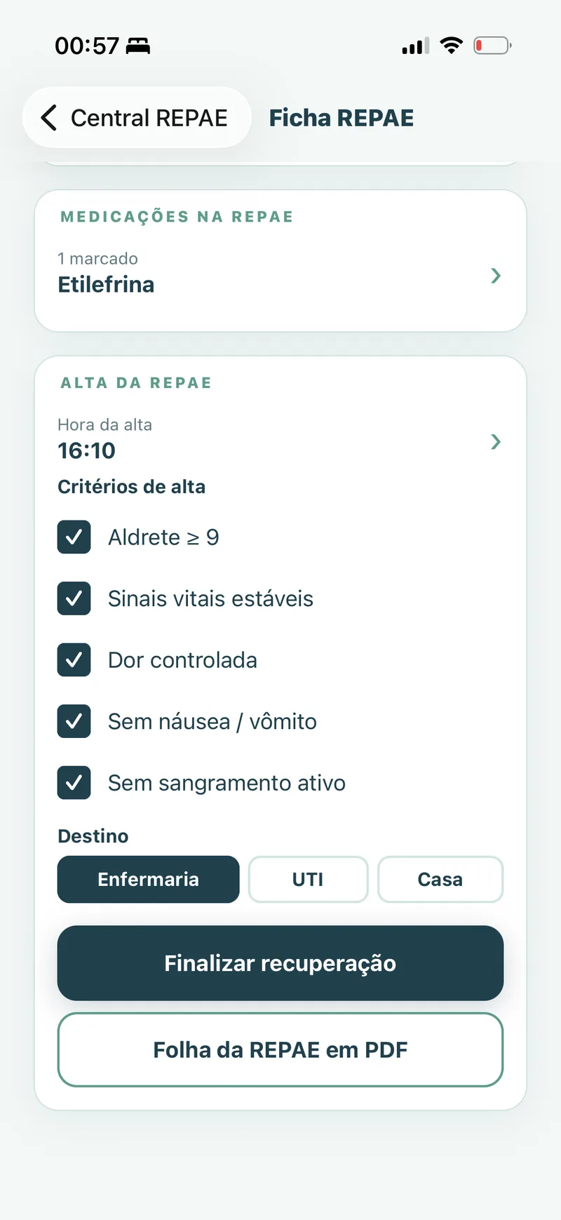 Tela do app: alta da REPAE com critérios marcados, destino enfermaria e folha em PDF