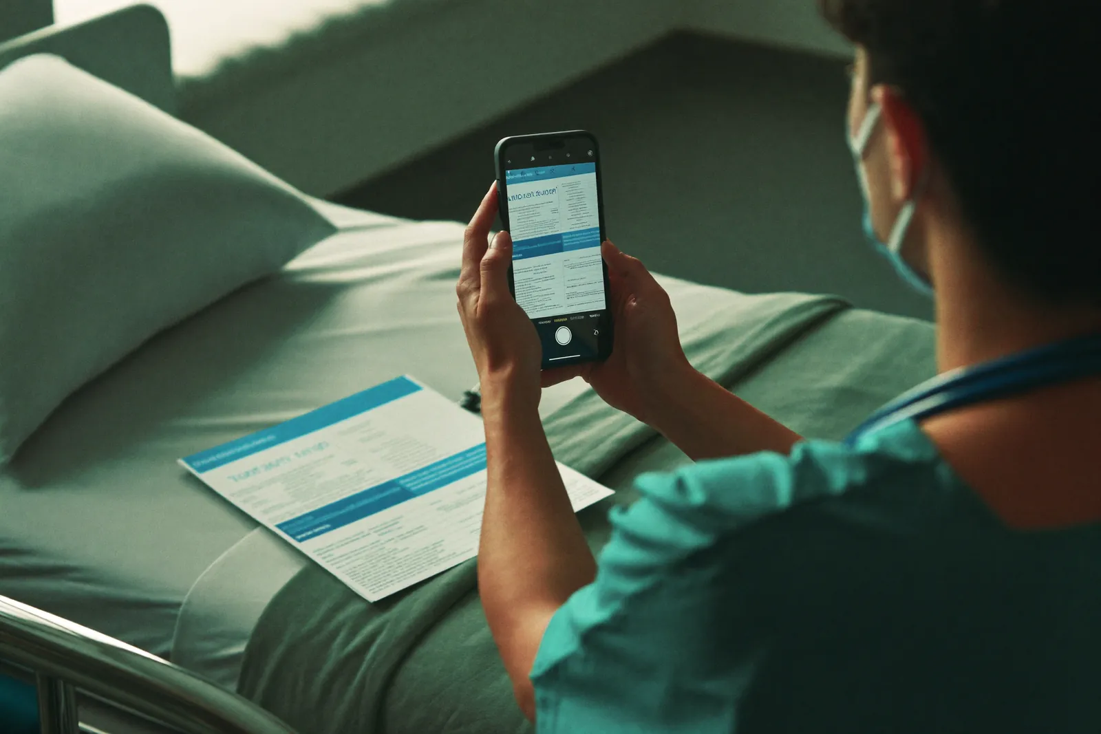 Médico de uniforme cirúrgico fotografando com o iPhone a folha de admissão sobre o leito hospitalar